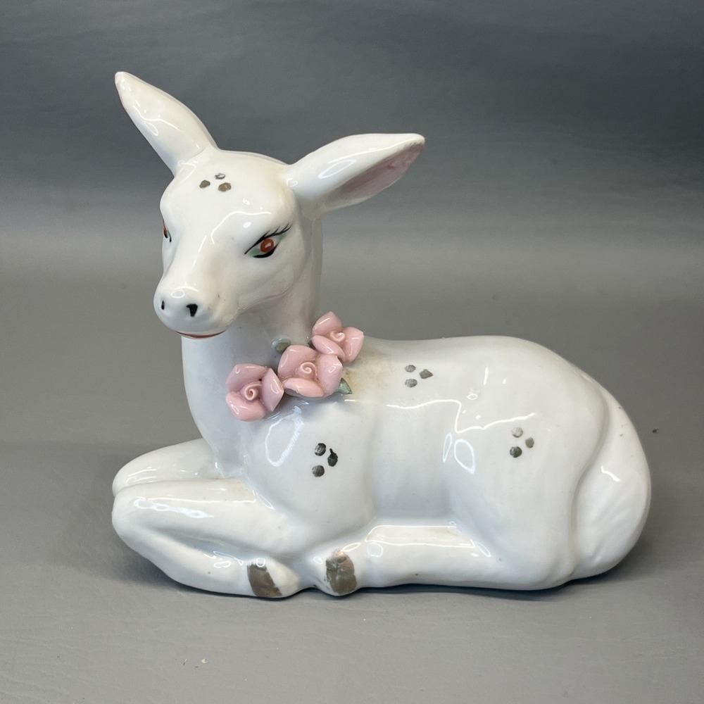GOT Porcelain Doe Fawn Figurine Pink Flowers and Gold Dots China Vintage